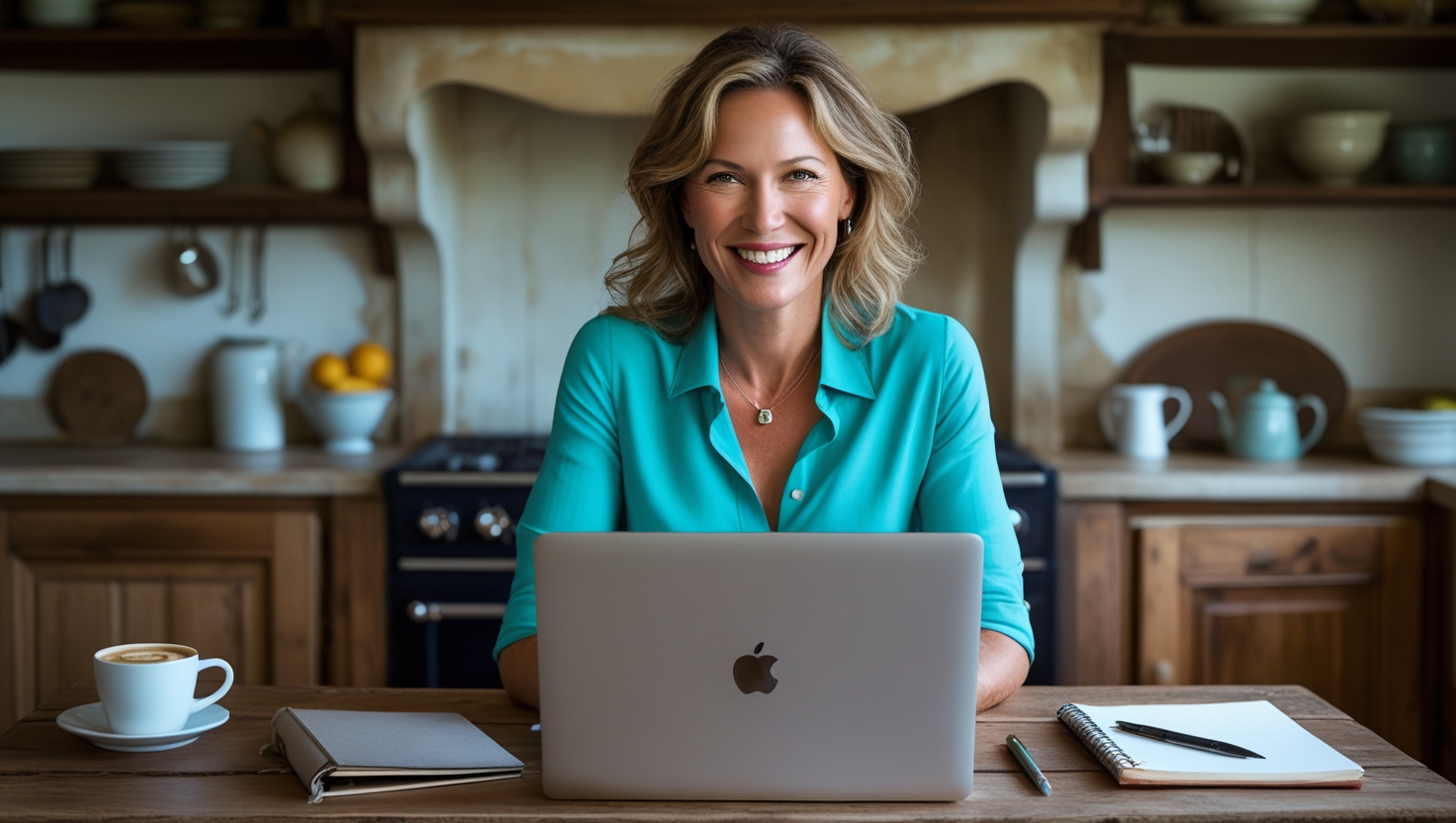 declutter your mind - a woman in her fifties sitting in front of her laptop