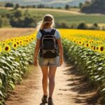 path through sunflower fields