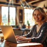 writing retreat - a woman writing on her laptop in a farmhouse kitchen