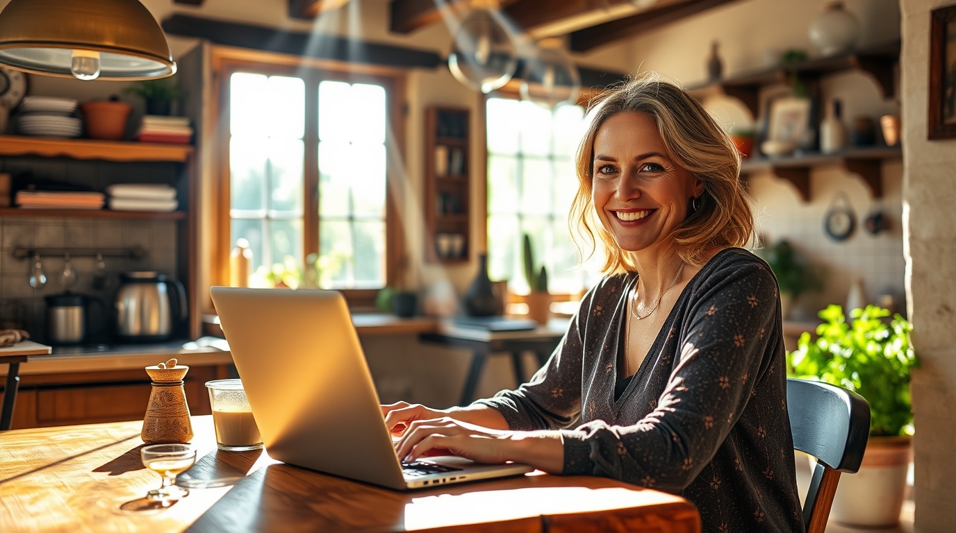 writing retreat - a woman writing on her laptop in a farmhouse kitchen