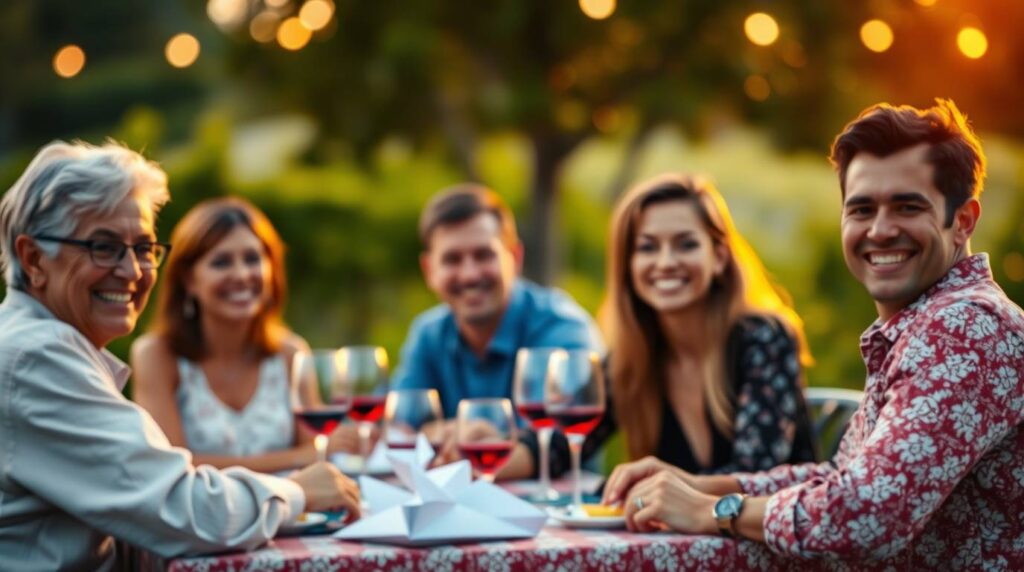 5 people enjoing dinner together