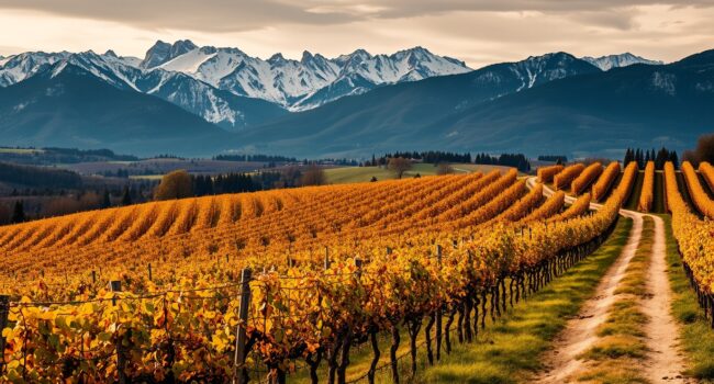 Fine art photography, high-resolution image depicting vineyards and snow-capped Pyrenees mountains in southwest France. Warm, slightly dark tones, soft focus, conveying Camino - view of the Pyrenees above the vinayards of Gascony