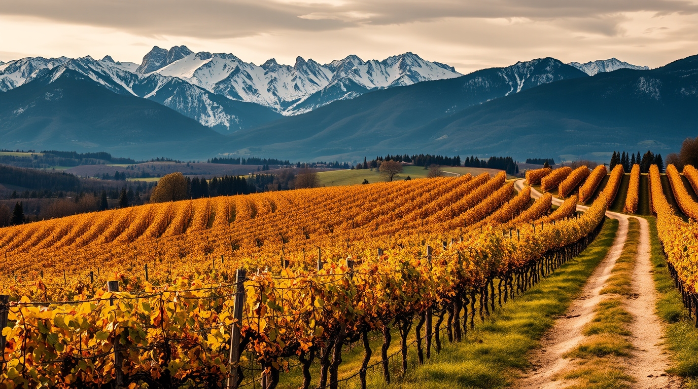 Camino - view of the Pyrenees above the vinayards of Gascony