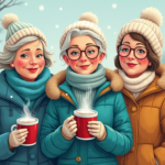 Illustration of the Winter blues: 3 ladies, warmly-wrapped, drinking hot chocolate