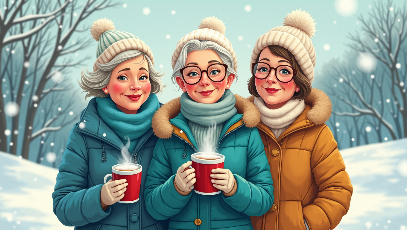 Illustration of the Winter blues: 3 ladies, warmly-wrapped, drinking hot chocolate