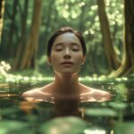 A young woman wild swimming in a lake