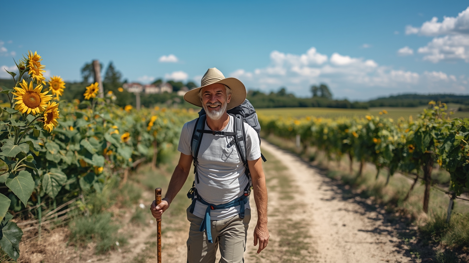 Camino de Santiago quotes and a smiling man in his 40s with a gentle face, wearing a wide-brimmed hat and carrying a wooden walking stick and a LIGHT backpack, walking along a winding dirt path lined with sunflowers on one side and lush green vineyards on the other, set against a clear blue sky with a few puffy white clouds, in the picturesque countryside of southwest France, as he embarks on his pilgrimage along the historic Camino de Santiago route.