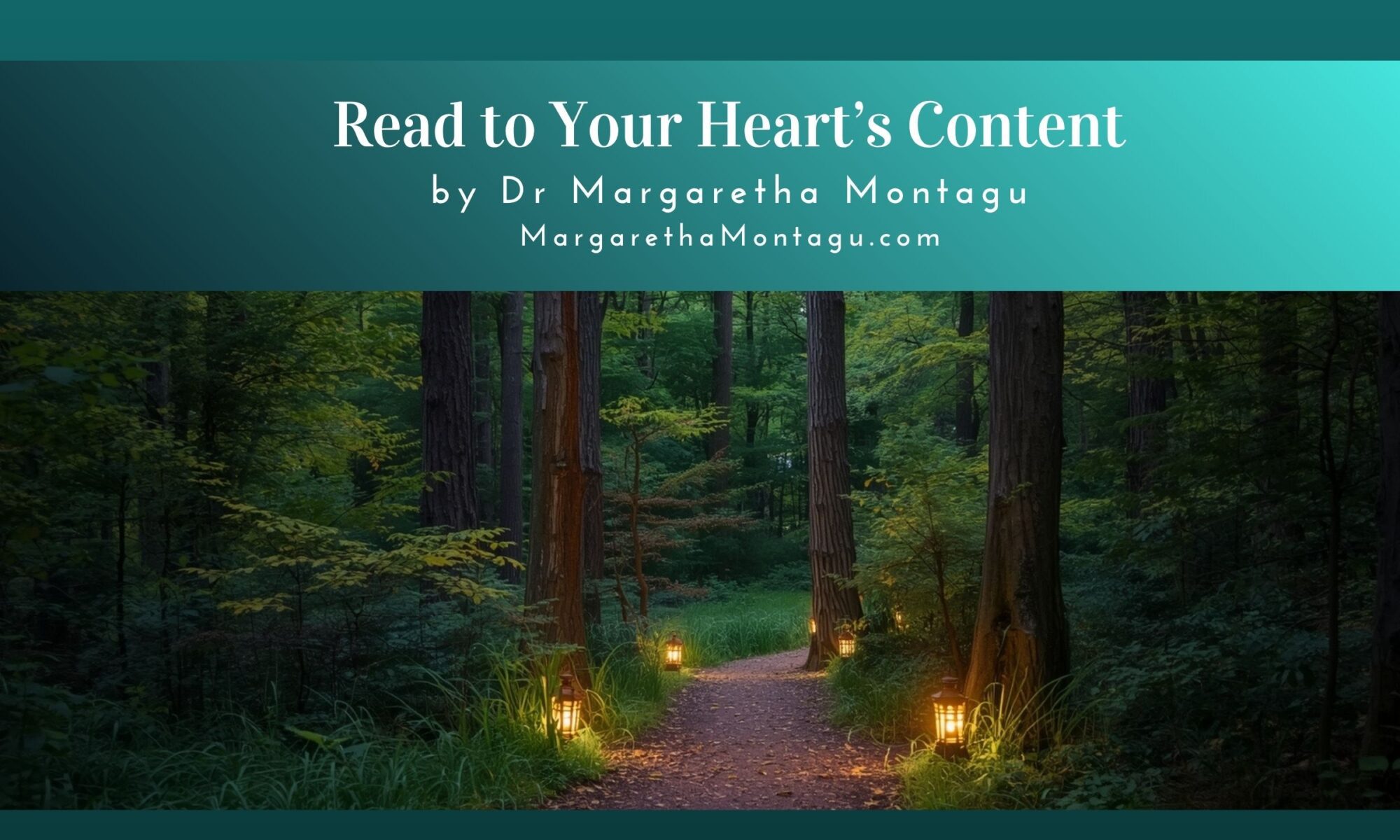 Read to your heart's content Serene forest path with lanterns.